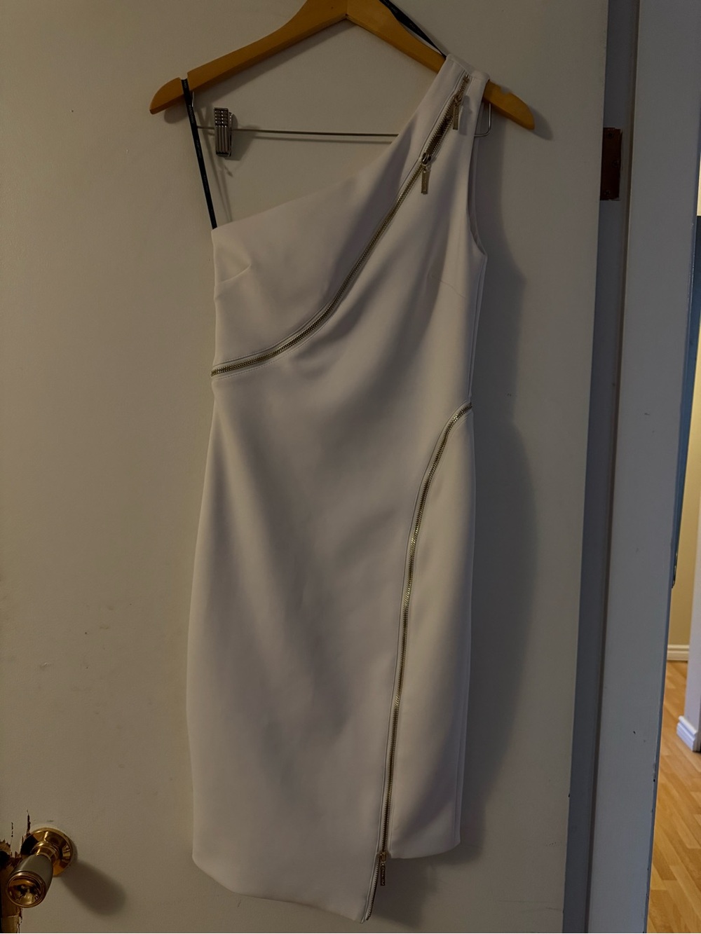 Marciano White One-Shoulder Gold Zip Dress — S